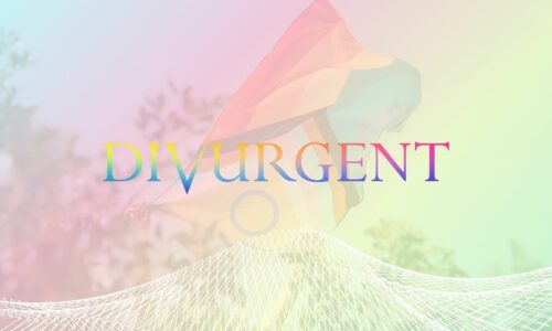 pride flag overlaid with rainbow gradient and Divurgent logo in rainbow colors