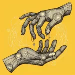 hands touching at fingertips, line drawing, abstract, yellow background