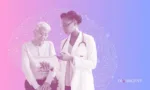 doctor and patient in duotone on gradient pink-purple background with AI brain pattern behind