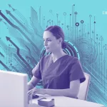 healthcare worker at computer with angled arrows and lines behind her