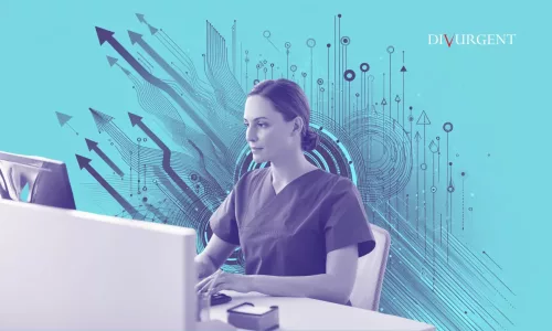 healthcare worker at computer with angled arrows and lines behind her