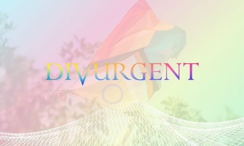 pride flag overlaid with rainbow gradient and Divurgent logo in rainbow colors