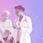 doctor and patient in duotone on gradient pink-purple background with AI brain pattern behind