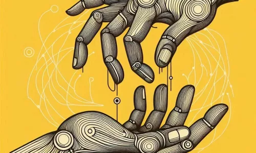 hands touching at fingertips, line drawing, abstract, yellow background